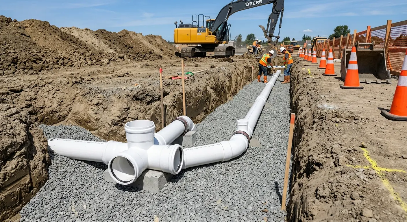 New PVC sewer pipe installation in open trench for Sewer Backup in Greensburg
