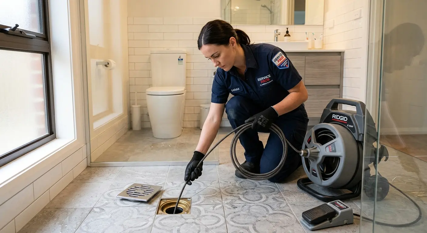 Technician clearing a bathroom floor drain for Drain Cleaning in Greensburg